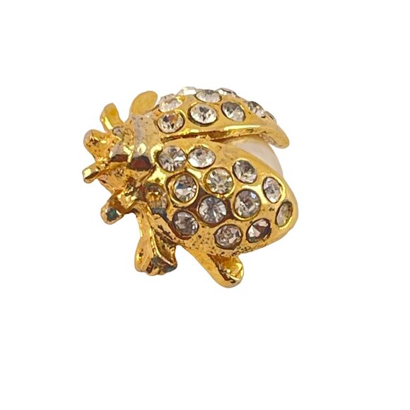 Vintage Gold Ladybug Brooch With Rhinestones & Faux Pearl Accent - Picture 5 of 6